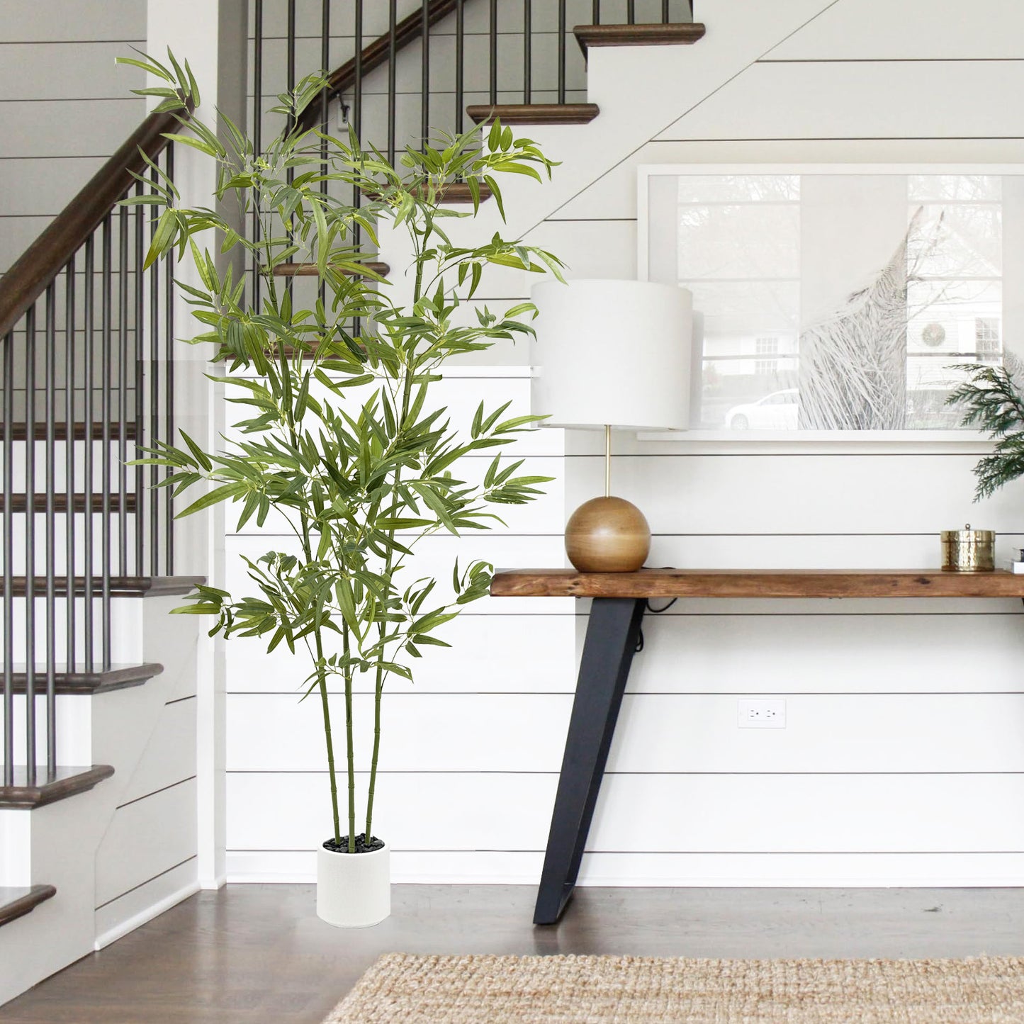 160cm Artificial Bamboo Tree with Tall White Planter - 3 Lifelike Natural Trunks & Silk Leaves, Realistic Faux Indoor Outdoor Plant for Home, Office, Living Room, Mall, Hotel, Garden Decor