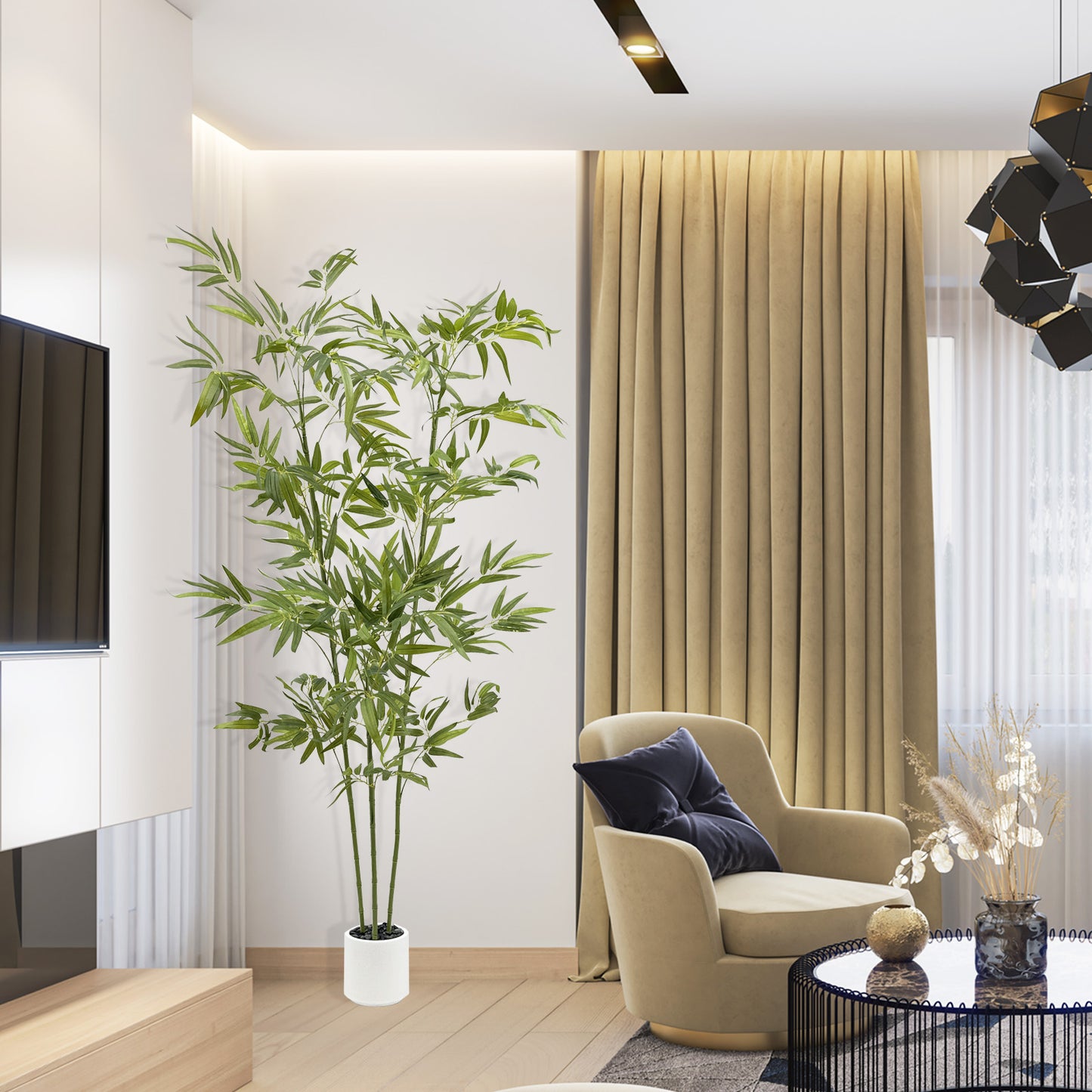 160cm Artificial Bamboo Tree with Tall White Planter - 3 Lifelike Natural Trunks & Silk Leaves, Realistic Faux Indoor Outdoor Plant for Home, Office, Living Room, Mall, Hotel, Garden Decor