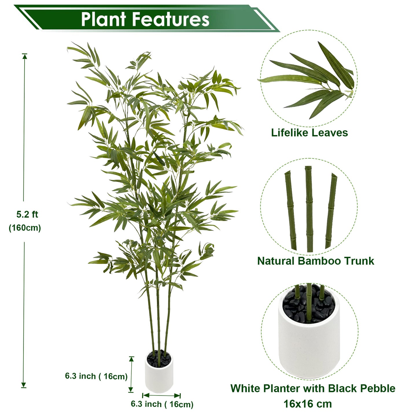 160cm Artificial Bamboo Tree with Tall White Planter - 3 Lifelike Natural Trunks & Silk Leaves, Realistic Faux Indoor Outdoor Plant for Home, Office, Living Room, Mall, Hotel, Garden Decor