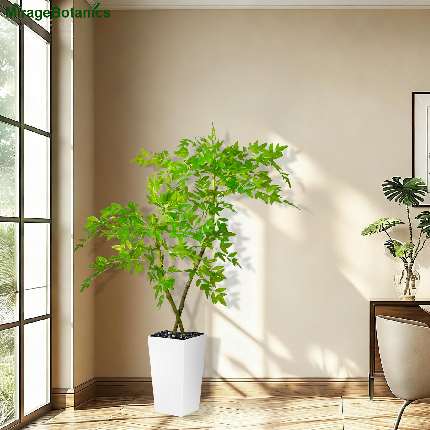 120cm Artificial Bamboo Tree, Fake Nandina Bamboo Tree, Faux Nantian Bamboo Bonsai with White Planter, for Home Office Mall Exhibition Hall Living Room Garden Balcony Entryway Dining Room