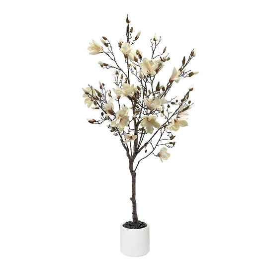 150cm Artificial Magnolia Tree with White Planter - Realistic Fake Magnolia Tree with Bark Trunk, Branches & Fruits, Artificial tree Heavy-Duty Plastic & Metal Wire Frame Suitable for Home Decor