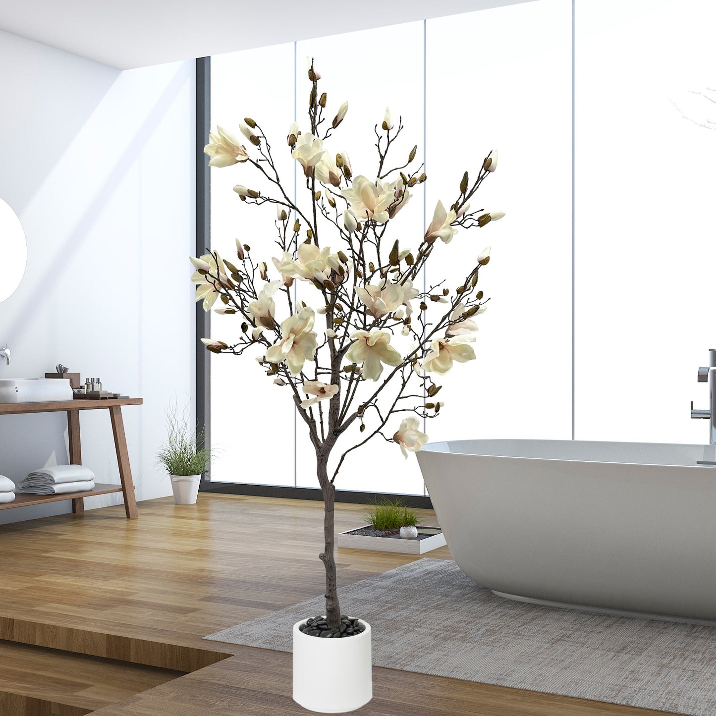 150cm Artificial Magnolia Tree with White Planter - Realistic Fake Magnolia Tree with Bark Trunk, Branches & Fruits, Artificial tree Heavy-Duty Plastic & Metal Wire Frame Suitable for Home Decor