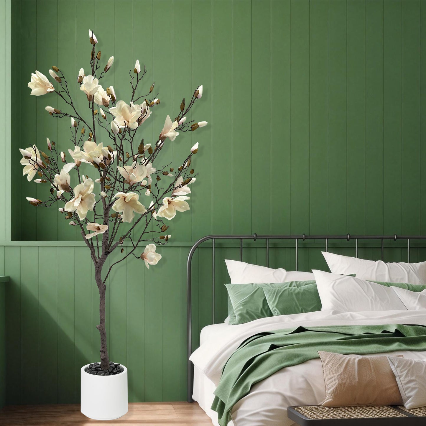150cm Artificial Magnolia Tree with White Planter - Realistic Fake Magnolia Tree with Bark Trunk, Branches & Fruits, Artificial tree Heavy-Duty Plastic & Metal Wire Frame Suitable for Home Decor