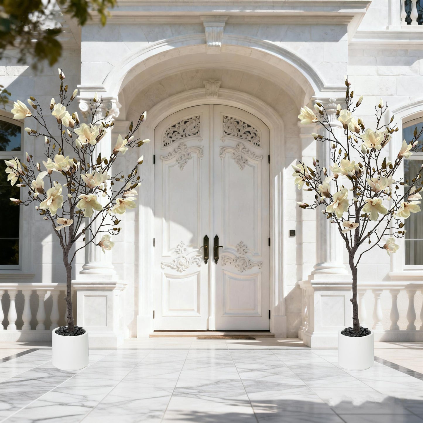150cm Artificial Magnolia Tree with White Planter - Realistic Fake Magnolia Tree with Bark Trunk, Branches & Fruits, Artificial tree Heavy-Duty Plastic & Metal Wire Frame Suitable for Home Decor