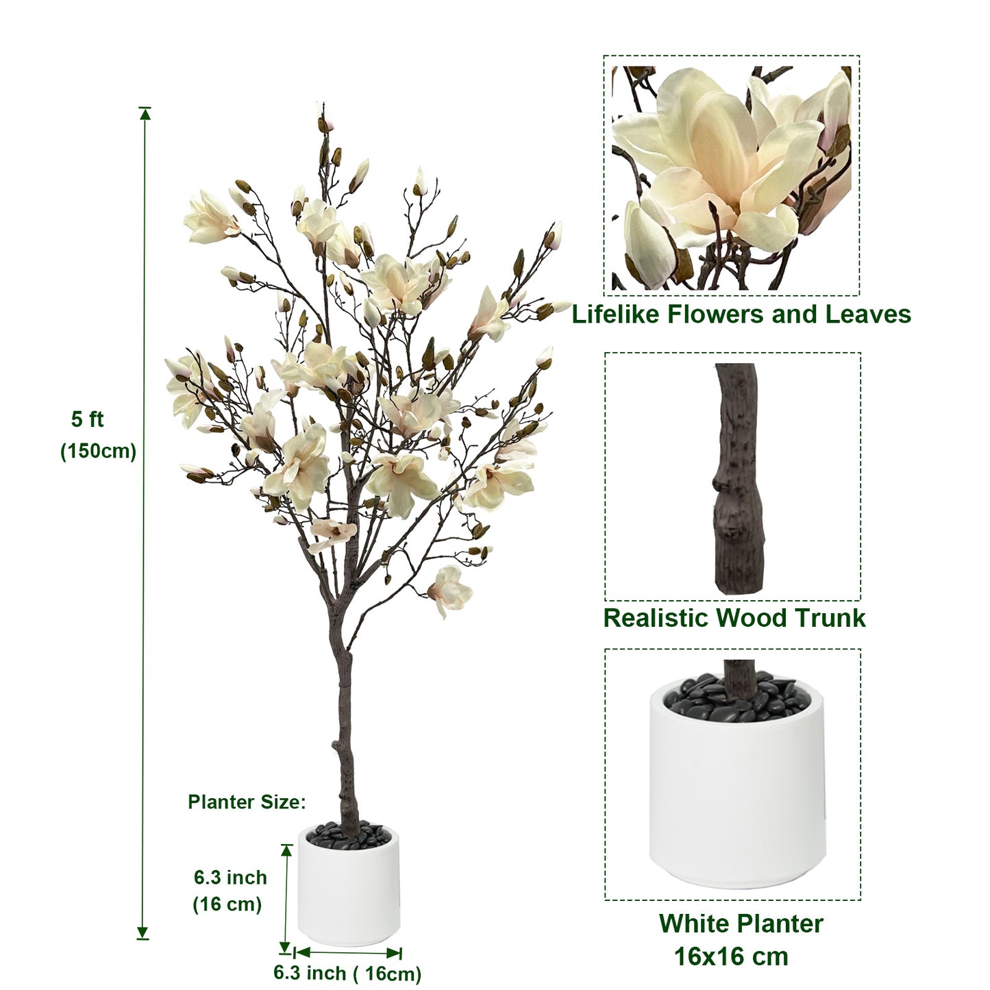 150cm Artificial Magnolia Tree with White Planter - Realistic Fake Magnolia Tree with Bark Trunk, Branches & Fruits, Artificial tree Heavy-Duty Plastic & Metal Wire Frame Suitable for Home Decor