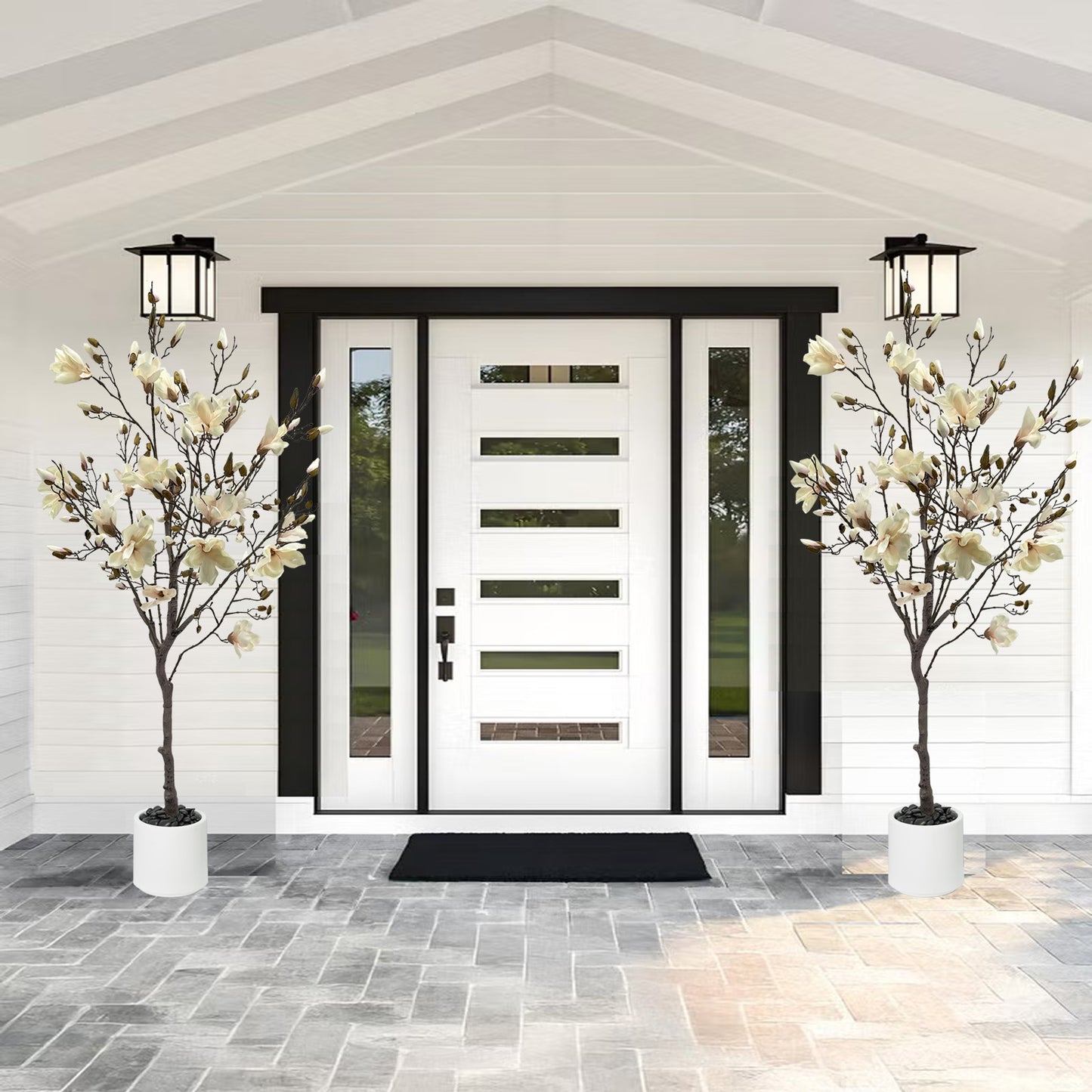 150cm Artificial Magnolia Tree with White Planter - Realistic Fake Magnolia Tree with Bark Trunk, Branches & Fruits, Artificial tree Heavy-Duty Plastic & Metal Wire Frame Suitable for Home Decor
