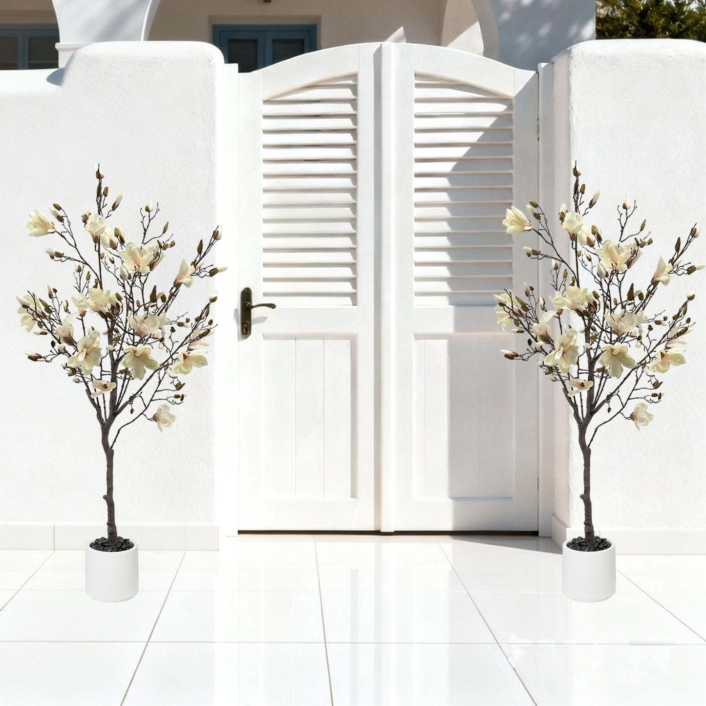 150cm Artificial Magnolia Tree with White Planter - Realistic Fake Magnolia Tree with Bark Trunk, Branches & Fruits, Artificial tree Heavy-Duty Plastic & Metal Wire Frame Suitable for Home Decor