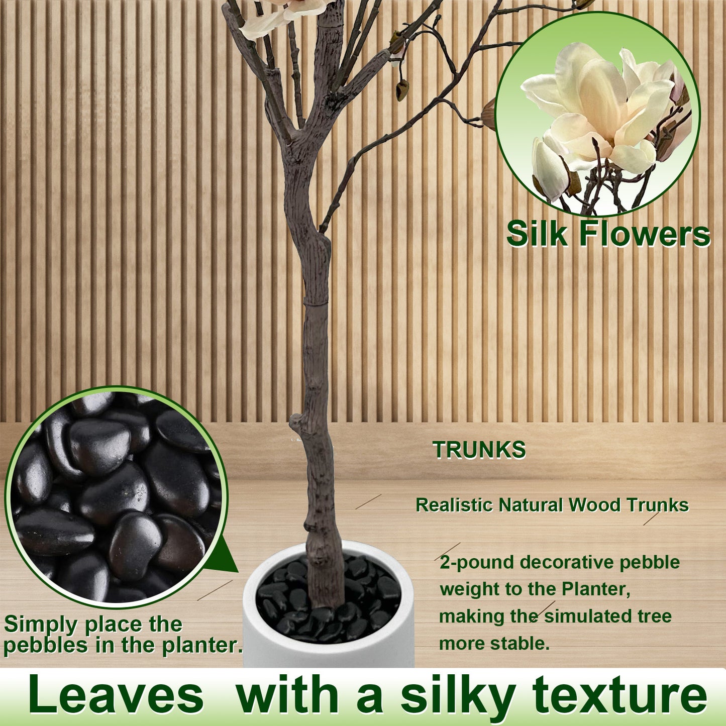150cm Artificial Magnolia Tree with White Planter - Realistic Fake Magnolia Tree with Bark Trunk, Branches & Fruits, Artificial tree Heavy-Duty Plastic & Metal Wire Frame Suitable for Home Decor