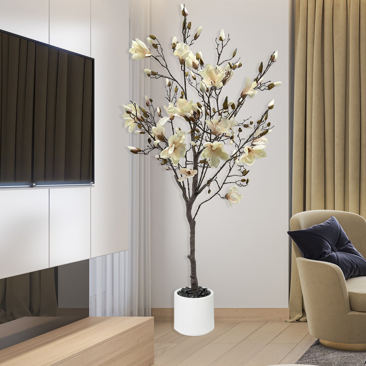 150cm Artificial Magnolia Tree with White Planter - Realistic Fake Magnolia Tree with Bark Trunk, Branches & Fruits, Artificial tree Heavy-Duty Plastic & Metal Wire Frame Suitable for Home Decor