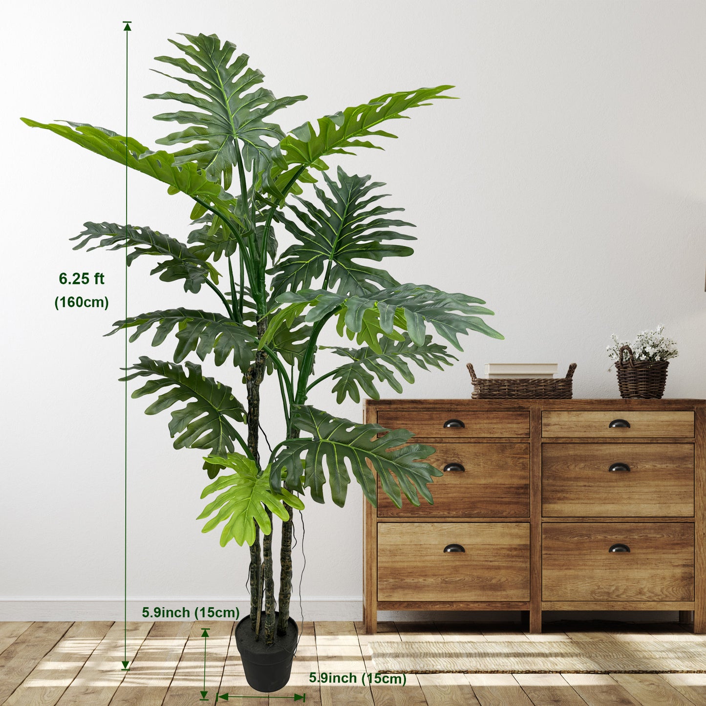 160cm Tall Large Artificial Monstera Deliciosa Plants, 5.2ft Faux Swiss Cheese Floor Plants Fake Tropical Silk Tree with Pot for Office House Living Room Home Indoor Outdoor Decor