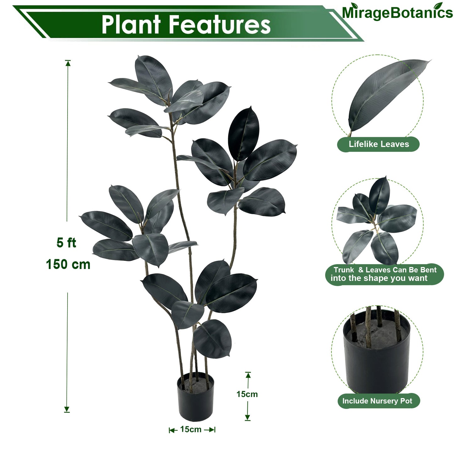 150cm Artificial Rubber Trees Indoor,Faux Rubber Tree 4 Trunks, Artificial Plants Lifelike Leaves for Home Office Meeting Room Living Room Indoor Outdoor Decor