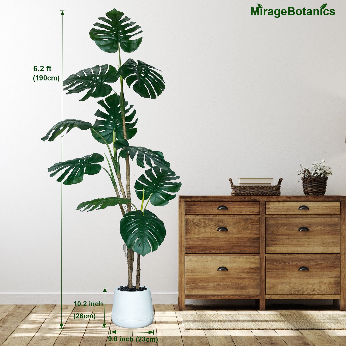 190cm Artificial Monstera Deliciosa Plants with White Planter, 6.2ft Faux Swiss Cheese Floor Plants Fake Tropical Silk Tree with Pot for Indoor Outdoor Office House Living Room Home Decor