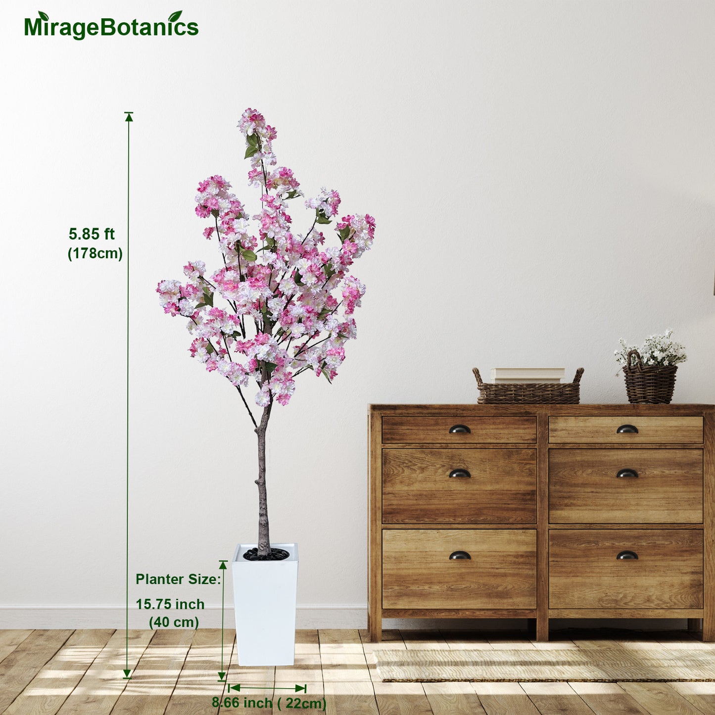 180cm Artificial Cherry Blossom Tree with White Planter, Fake Plants Indoor, Faux Pink Sakura Flowers Blooming Tree, Artificial Trees Silk Plant for House Bedroom Living Room Office Entryway Porch Decor