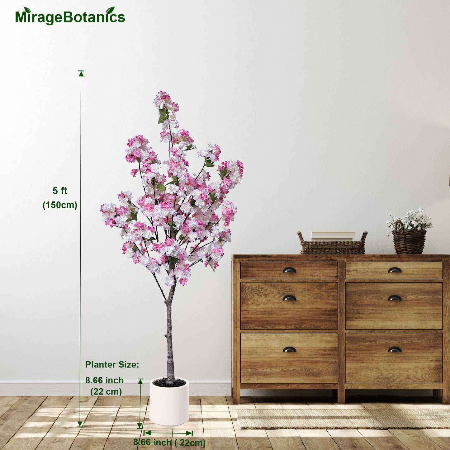 150cm Artificial Cherry Blossom Tree with White Planter, Fake Plants Indoor, Faux Pink Sakura Flowers Blooming Tree, Artificial Trees Silk Plant for House Bedroom Living Room Office Entryway Porch Decor