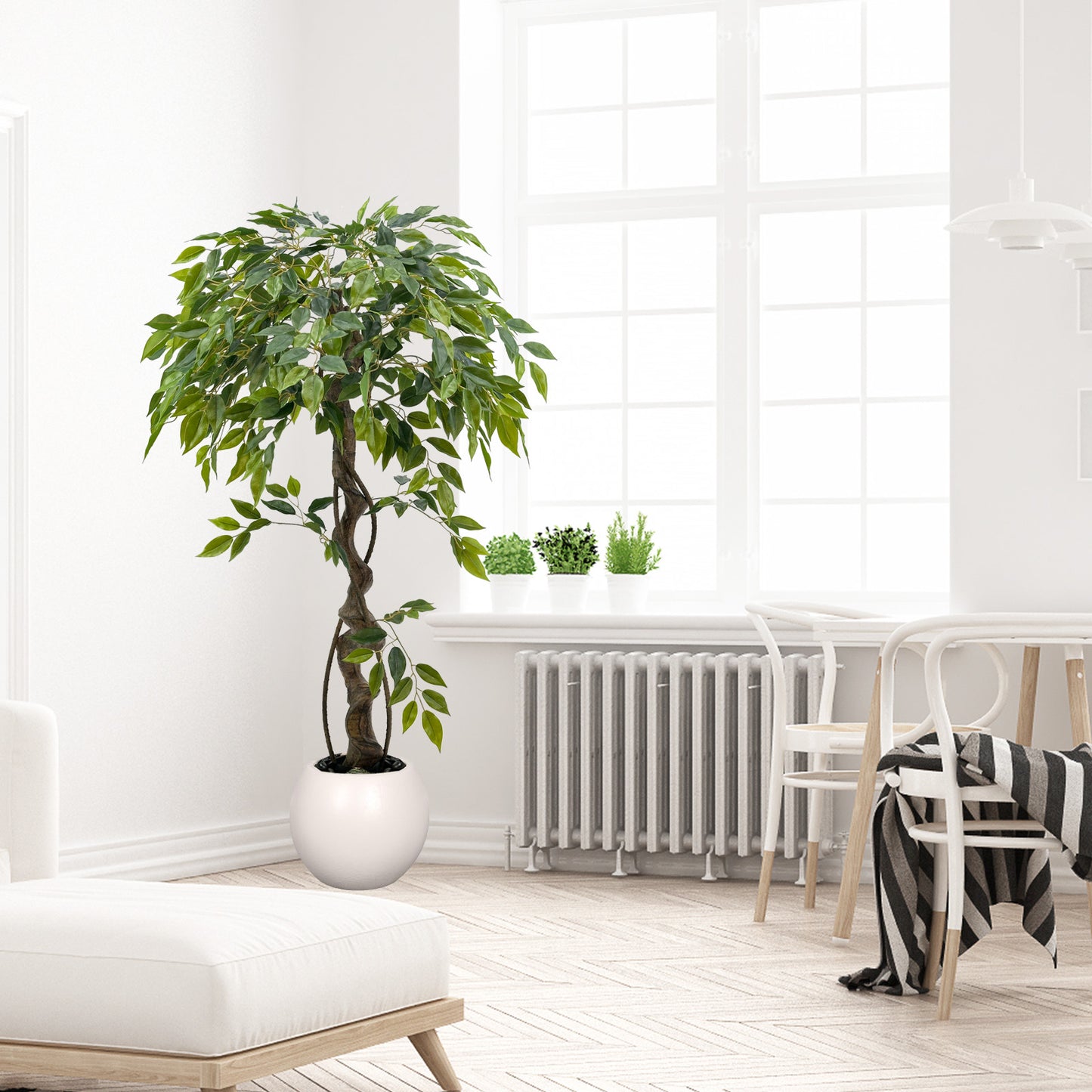 120cm Large Ficus Artificial Trees in White Pot, 4ft Tall Fake Silk Tree with Natural Curved Trunk, Lush Faux Ficus Tree for Indoor Home Decor, Living Room, Office & Patio