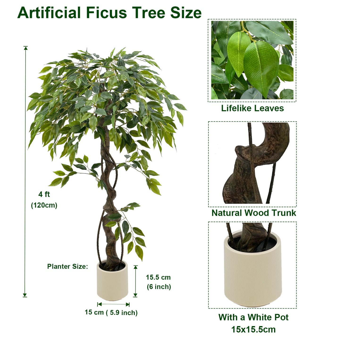120cm Large Ficus Artificial Trees in White Pot, 4ft Tall Fake Silk Tree with Natural Curved Trunk, Lush Faux Ficus Tree for Indoor Home Decor, Living Room, Office & Patio