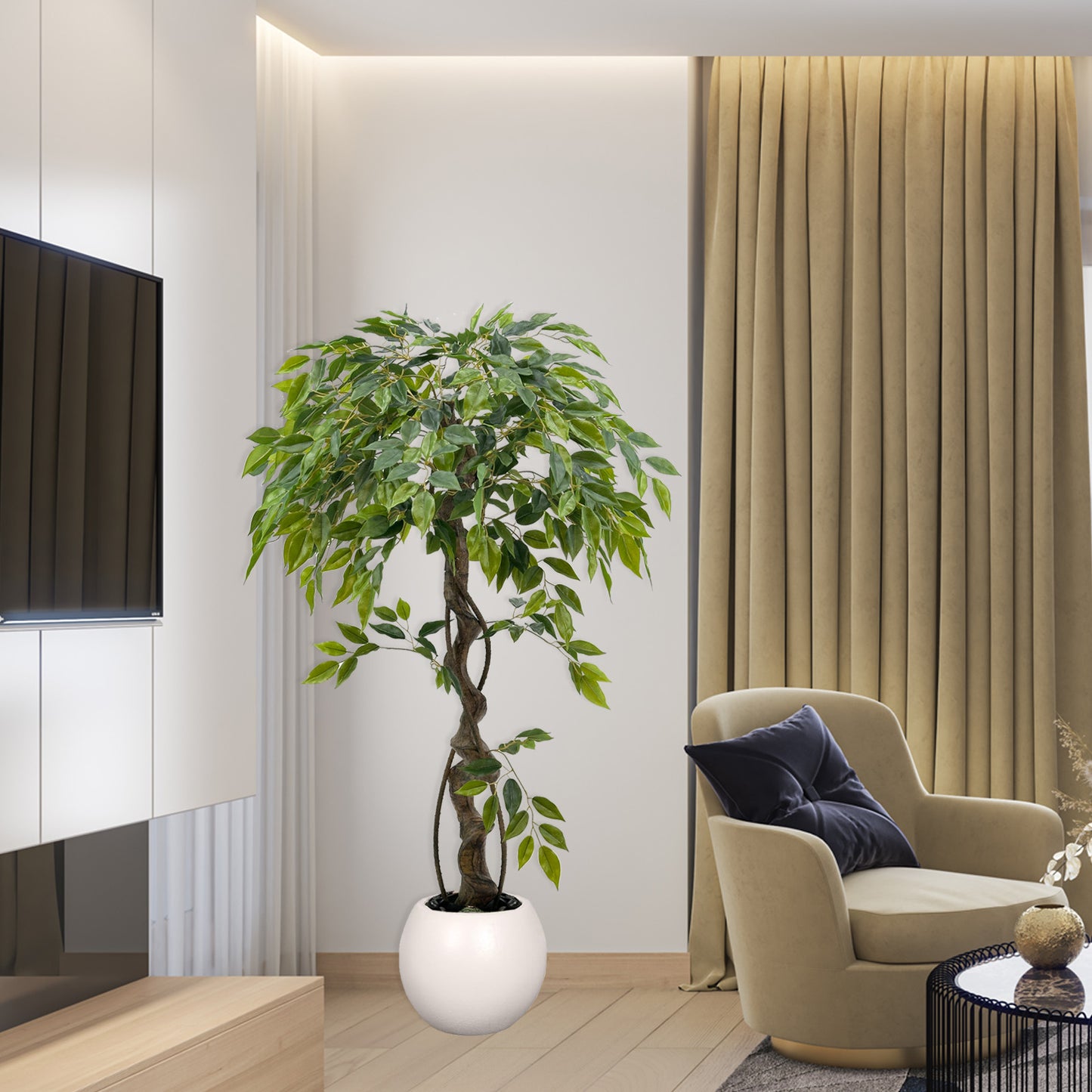 120cm Large Ficus Artificial Trees in White Pot, 4ft Tall Fake Silk Tree with Natural Curved Trunk, Lush Faux Ficus Tree for Indoor Home Decor, Living Room, Office & Patio