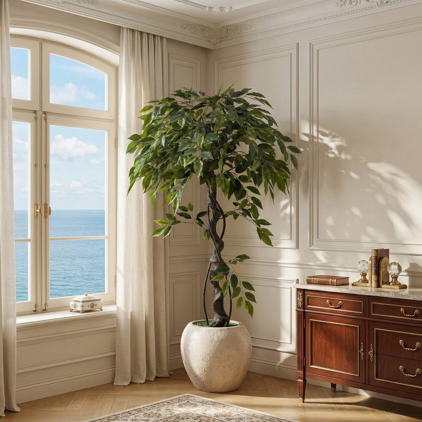 120cm Large Ficus Artificial Trees in White Pot, 4ft Tall Fake Silk Tree with Natural Curved Trunk, Lush Faux Ficus Tree for Indoor Home Decor, Living Room, Office & Patio