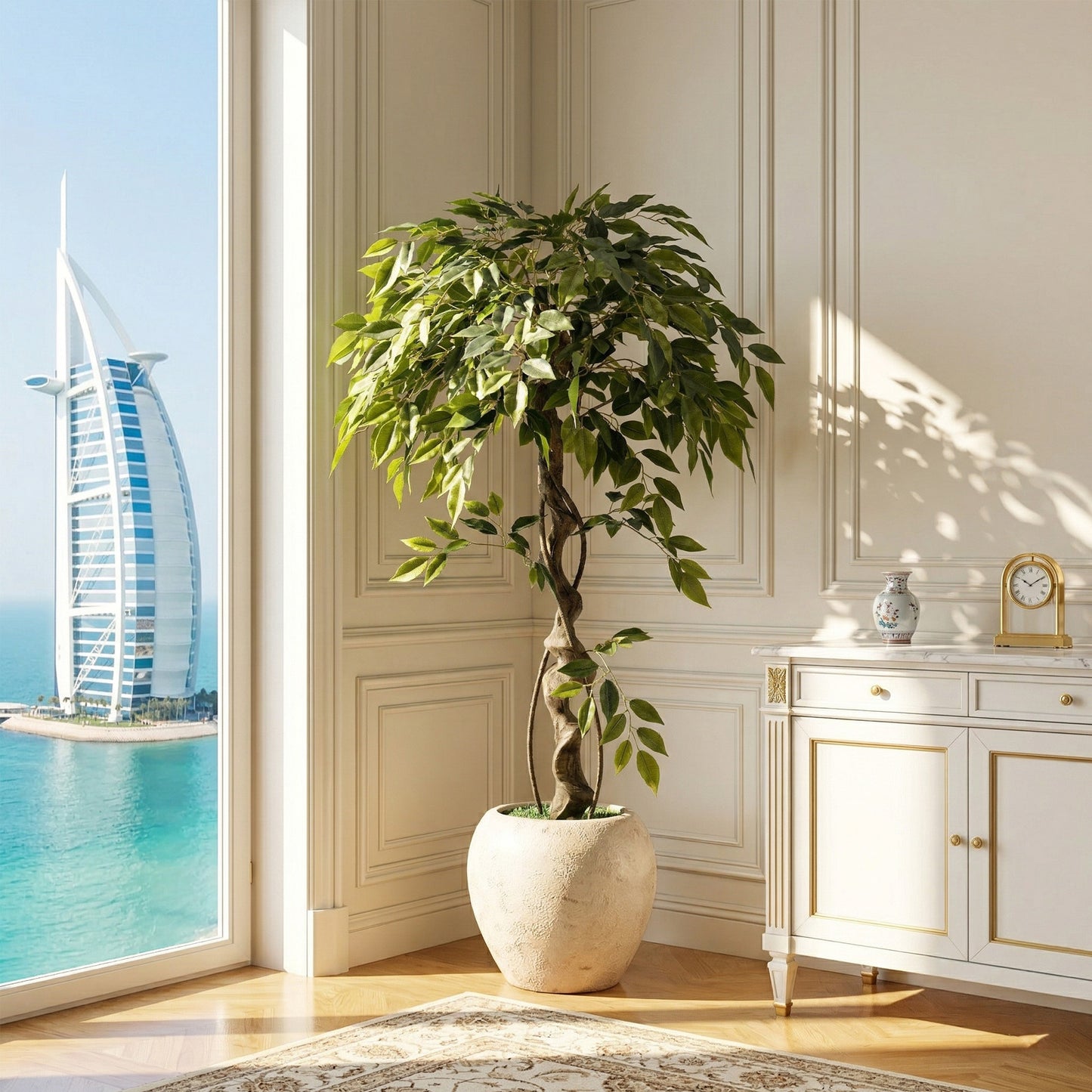 120cm Large Ficus Artificial Trees in White Pot, 4ft Tall Fake Silk Tree with Natural Curved Trunk, Lush Faux Ficus Tree for Indoor Home Decor, Living Room, Office & Patio