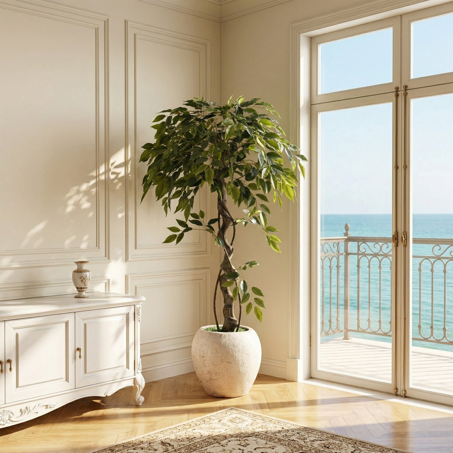 120cm Large Ficus Artificial Trees in White Pot, 4ft Tall Fake Silk Tree with Natural Curved Trunk, Lush Faux Ficus Tree for Indoor Home Decor, Living Room, Office & Patio