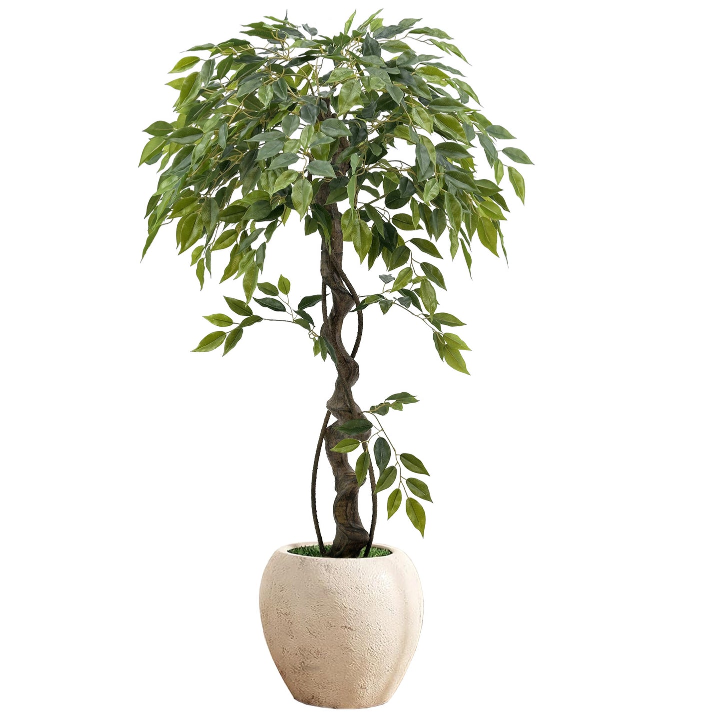 120cm Large Ficus Artificial Trees in White Pot, 4ft Tall Fake Silk Tree with Natural Curved Trunk, Lush Faux Ficus Tree for Indoor Home Decor, Living Room, Office & Patio