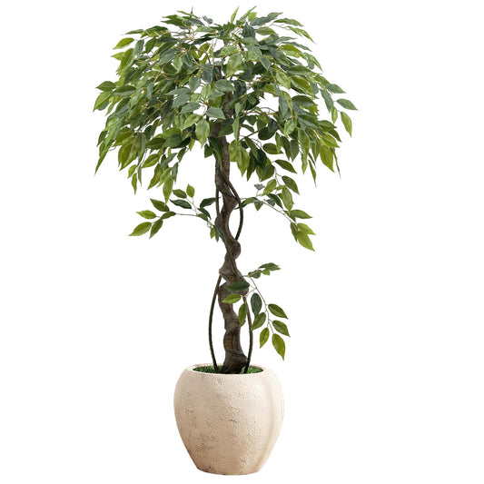 120cm Large Ficus Artificial Trees in White Pot, 4ft Tall Fake Silk Tree with Natural Curved Trunk, Lush Faux Ficus Tree for Indoor Home Decor, Living Room, Office & Patio