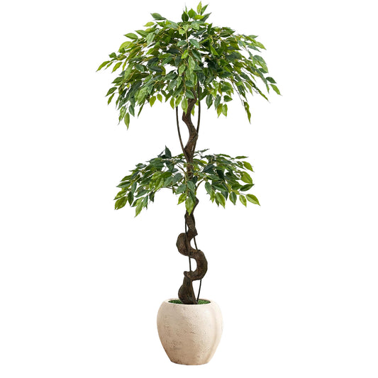 150cm Large Ficus Artificial Trees in White Pot, 5ft Tall Fake Silk Tree with Natural Curved Trunk, Lush Faux Ficus Tree for Indoor Home Decor, Living Room, Office & Patio