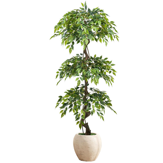 180cm Large Ficus Artificial Trees in White Pot, 6ft Tall Fake Silk Tree with Natural Curved Trunk, Lush Faux Ficus Tree for Indoor Outdoor Decor, Living Room, Patio, Office & Home Decor