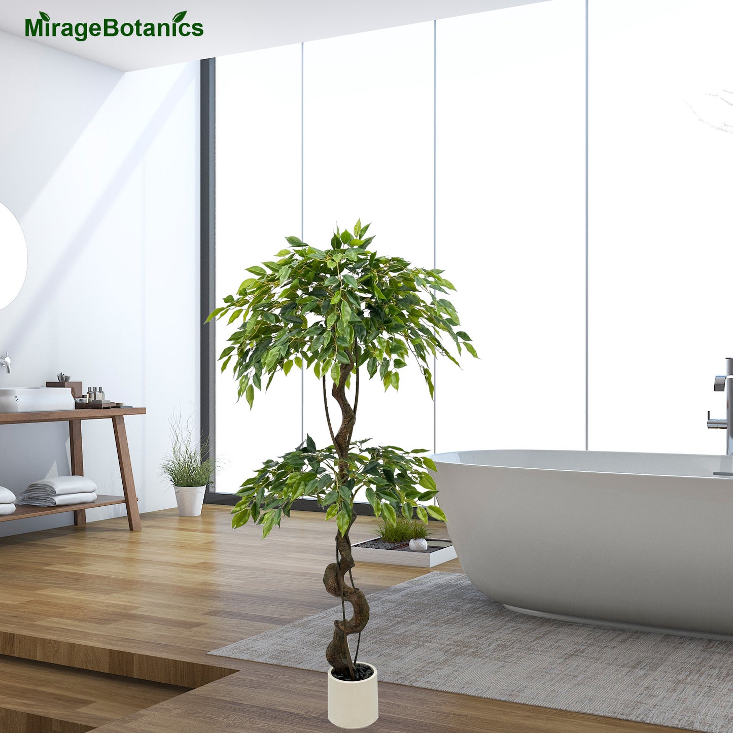150cm Large Ficus Artificial Trees in White Pot, 5ft Tall Fake Silk Tree with Natural Curved Trunk, Lush Faux Ficus Tree for Indoor Home Decor, Living Room, Office & Patio