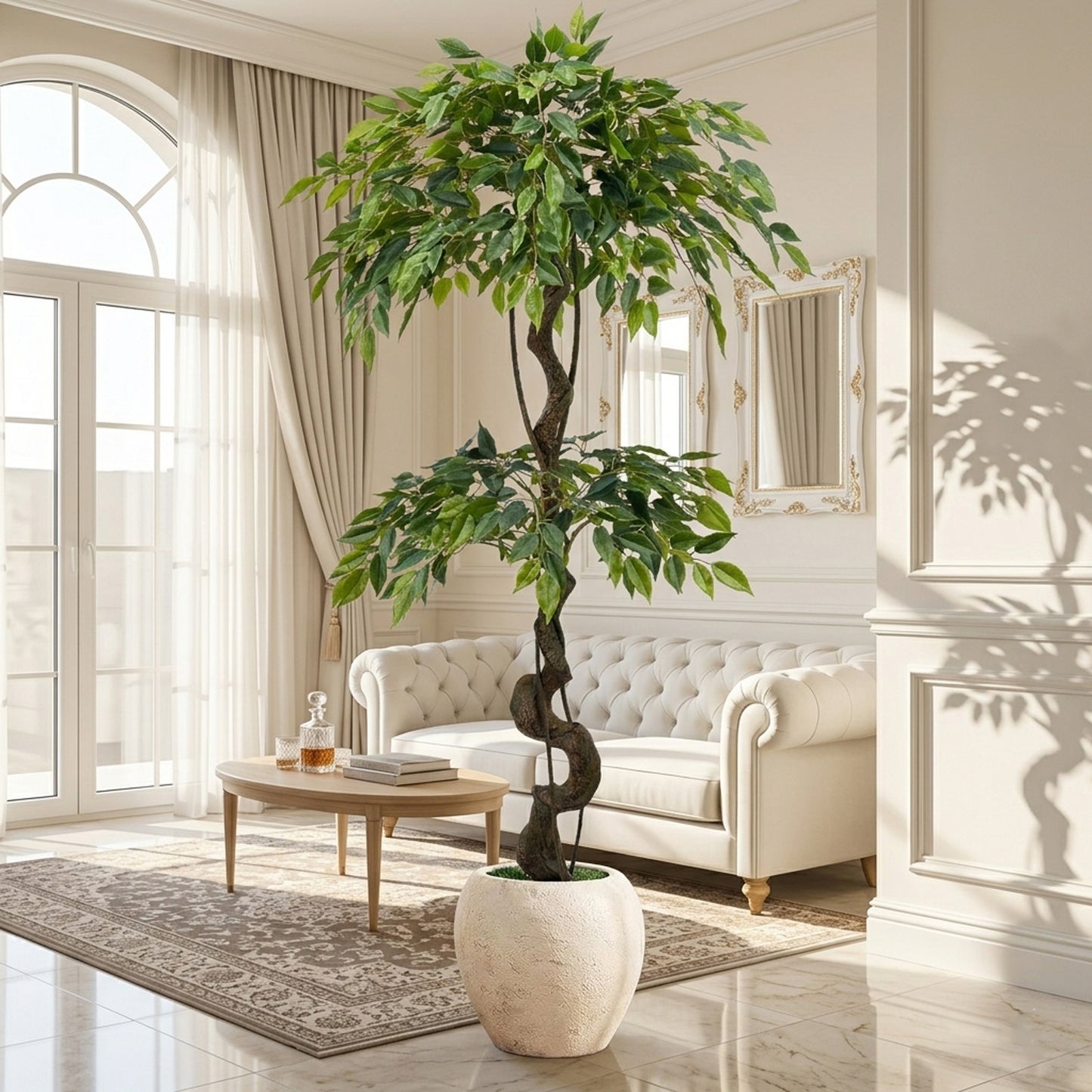 150cm Large Ficus Artificial Trees in White Pot, 5ft Tall Fake Silk Tree with Natural Curved Trunk, Lush Faux Ficus Tree for Indoor Home Decor, Living Room, Office & Patio
