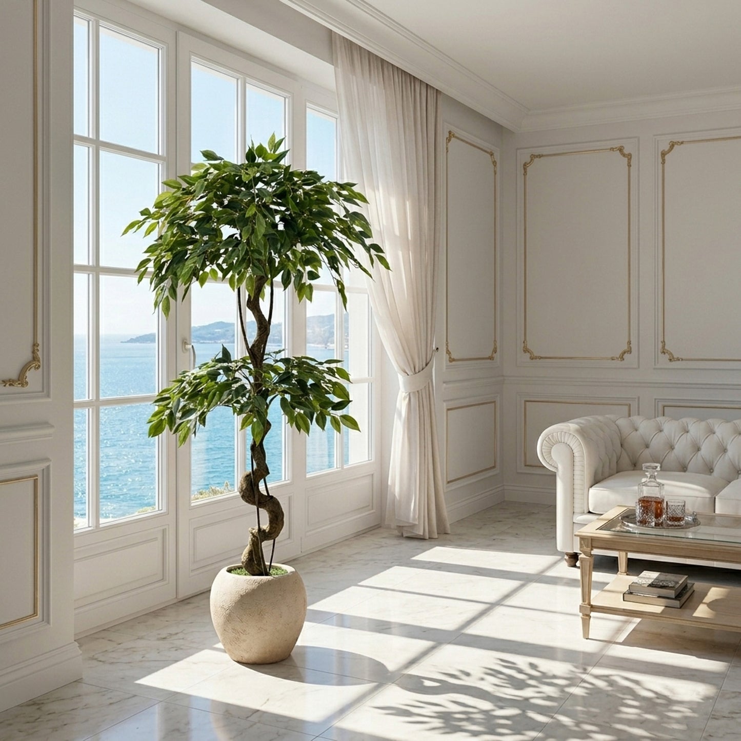 150cm Large Ficus Artificial Trees in White Pot, 5ft Tall Fake Silk Tree with Natural Curved Trunk, Lush Faux Ficus Tree for Indoor Home Decor, Living Room, Office & Patio