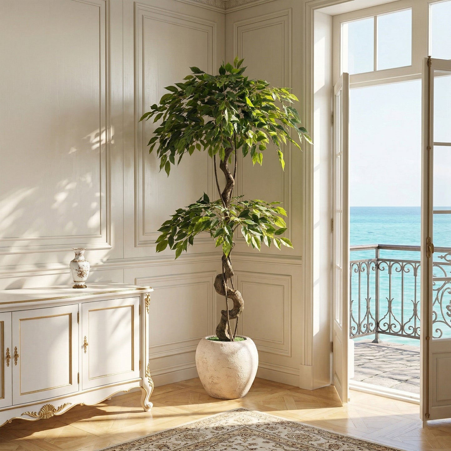 150cm Large Ficus Artificial Trees in White Pot, 5ft Tall Fake Silk Tree with Natural Curved Trunk, Lush Faux Ficus Tree for Indoor Home Decor, Living Room, Office & Patio