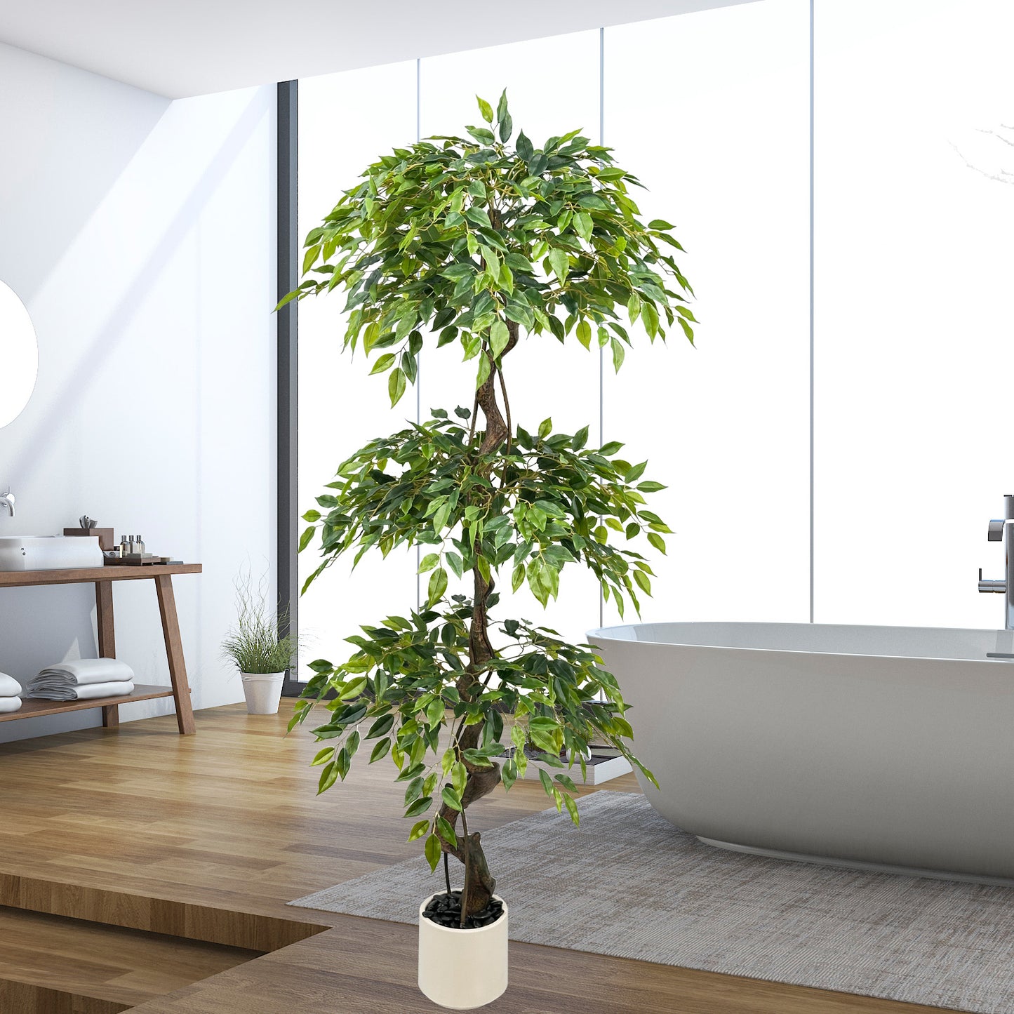 180cm Large Ficus Artificial Trees in White Pot, 6ft Tall Fake Silk Tree with Natural Curved Trunk, Lush Faux Ficus Tree for Indoor Outdoor Decor, Living Room, Patio, Office & Home Decor