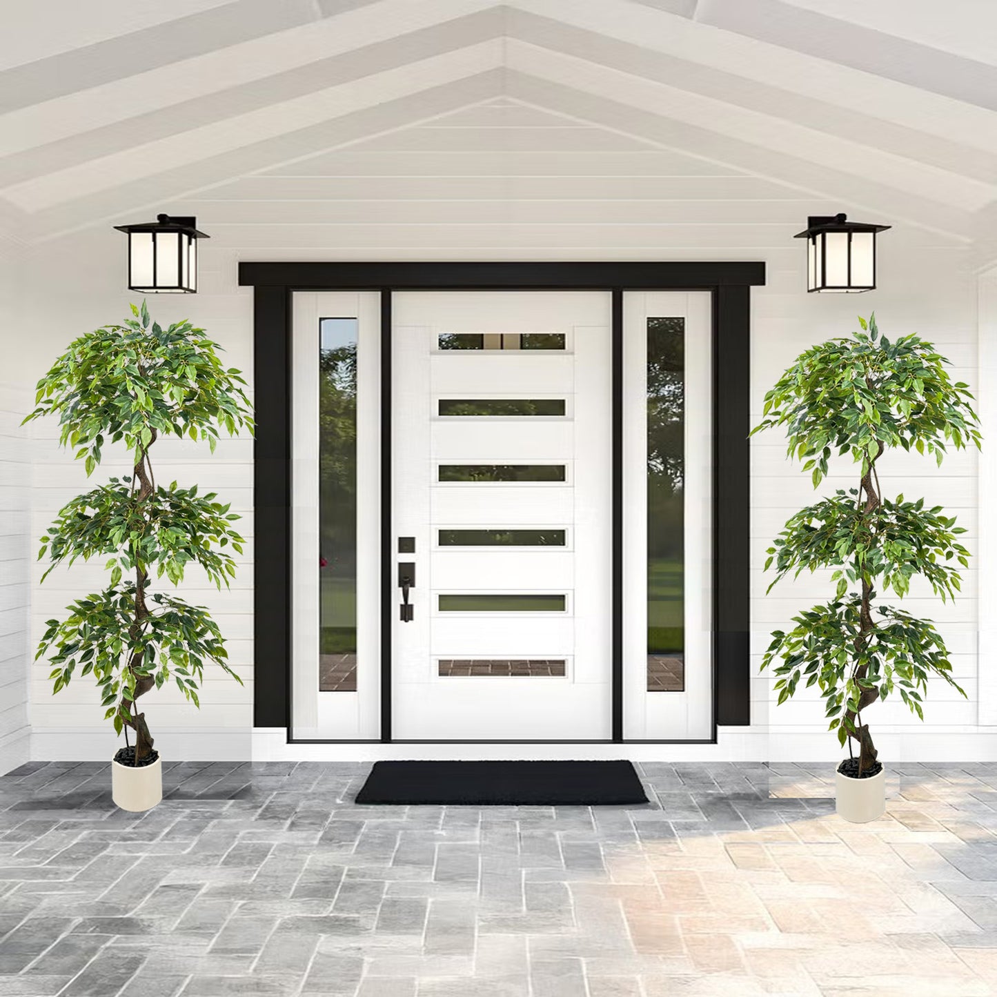 180cm Large Ficus Artificial Trees in White Pot, 6ft Tall Fake Silk Tree with Natural Curved Trunk, Lush Faux Ficus Tree for Indoor Outdoor Decor, Living Room, Patio, Office & Home Decor