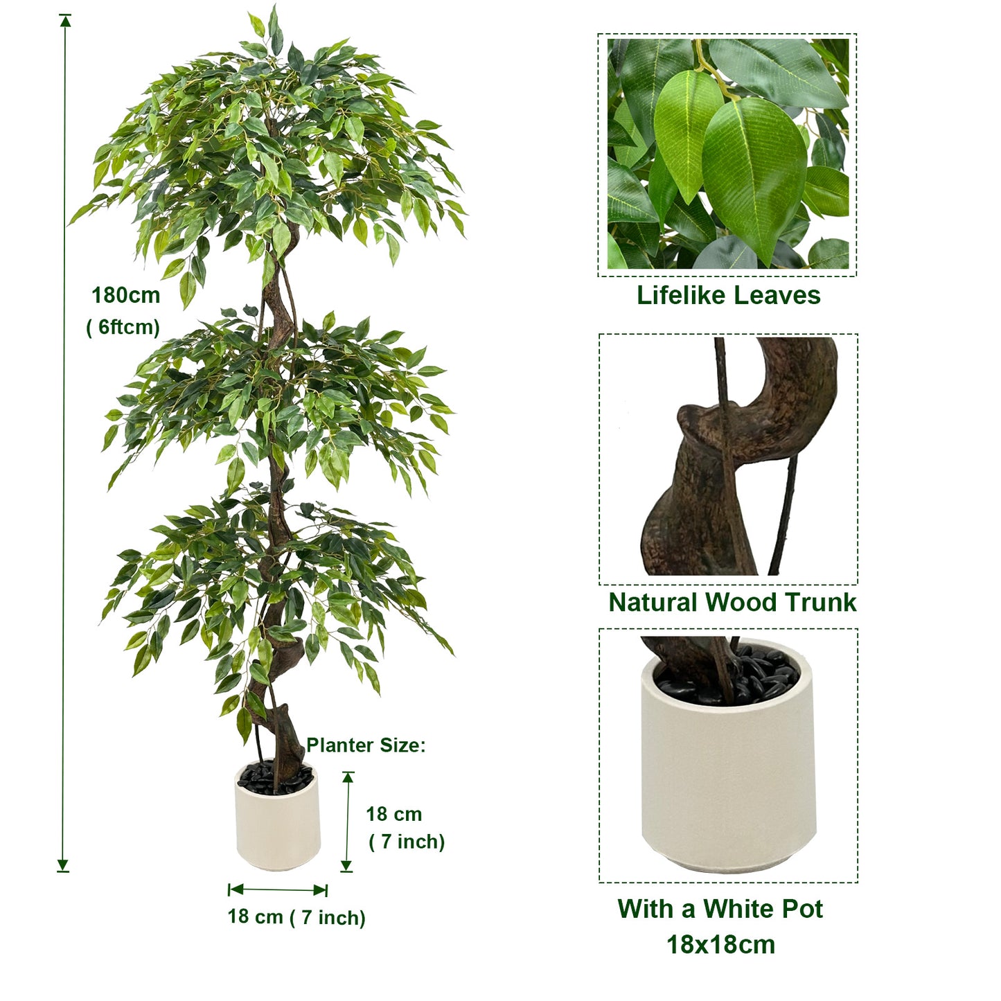 180cm Large Ficus Artificial Trees in White Pot, 6ft Tall Fake Silk Tree with Natural Curved Trunk, Lush Faux Ficus Tree for Indoor Outdoor Decor, Living Room, Patio, Office & Home Decor