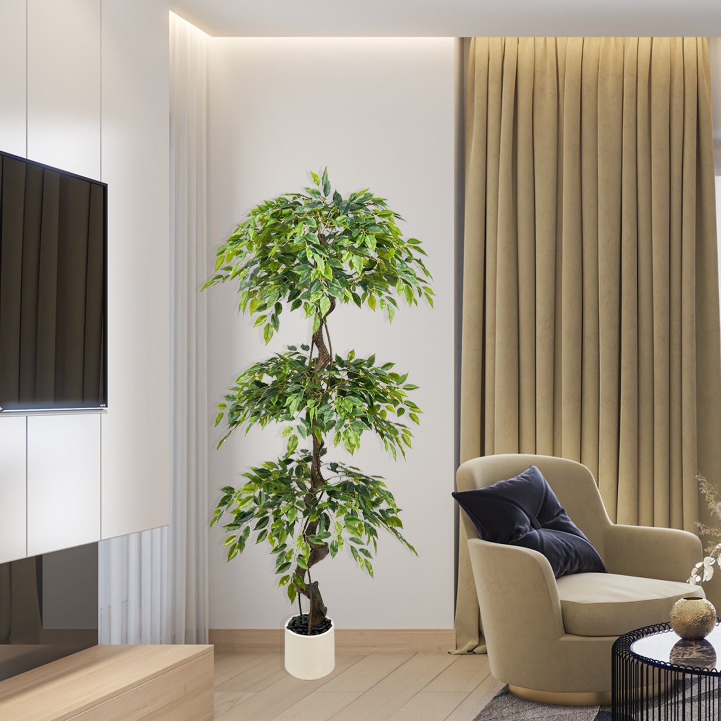 180cm Large Ficus Artificial Trees in White Pot, 6ft Tall Fake Silk Tree with Natural Curved Trunk, Lush Faux Ficus Tree for Indoor Outdoor Decor, Living Room, Patio, Office & Home Decor