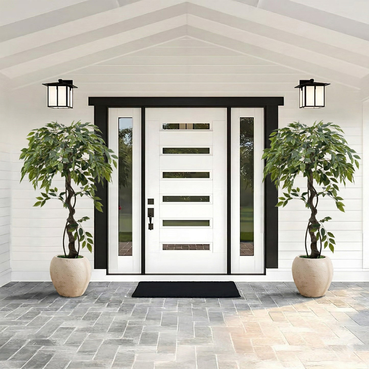 120cm Large Ficus Artificial Trees in White Pot, 4ft Tall Fake Silk Tree with Natural Curved Trunk, Lush Faux Ficus Tree for Indoor Home Decor, Living Room, Office & Patio