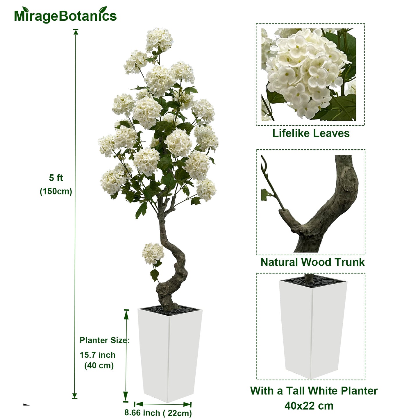 150cm Artificial Hydrangea Tree- Large Faux Hydrangea Plants for Outdoor Indoor Decor, Artificial Tree Fake Flower Trees with White Tall Planter for Office Garden Home Decor