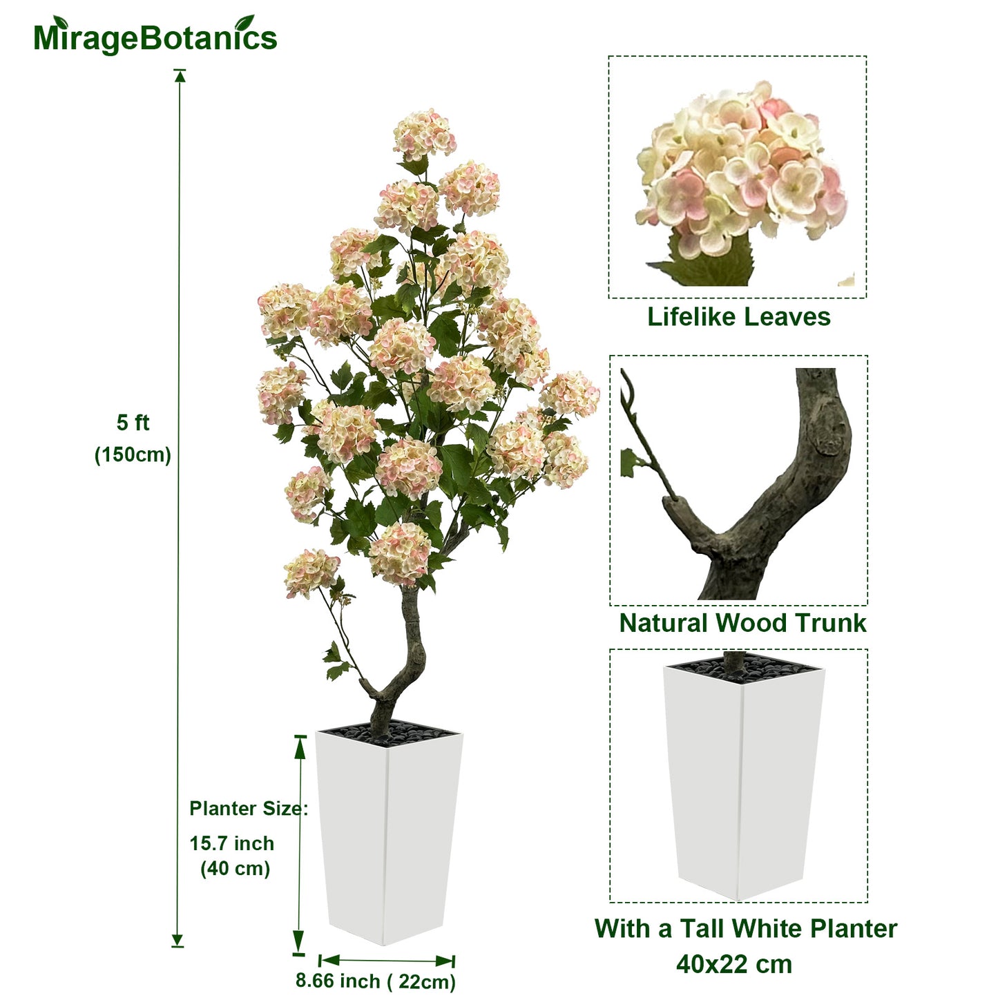 150cm Artificial Hydrangea Tree- Large Faux Hydrangea Plants for Outdoor Indoor Decor, Artificial Tree Fake Flower Trees with White Tall Planter for Office Garden Home Decor