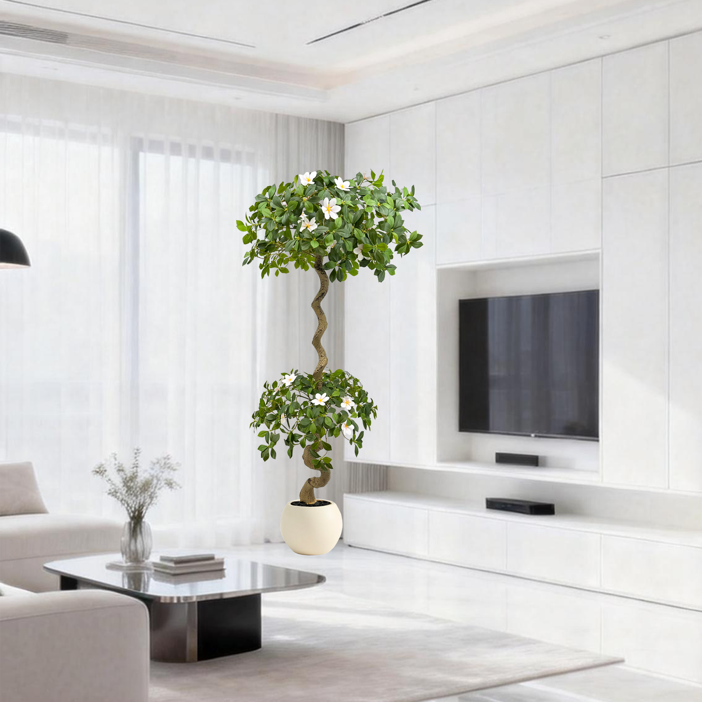 160cm Artificial Gardenia Tree with White Planter, Artificial Tree Heavy-Duty Plastic & Metal Wire Frame Suitable for Outdoor Indoor Decor, Low-Maintenance Housewarming Wedding Gift, Islamic New Year