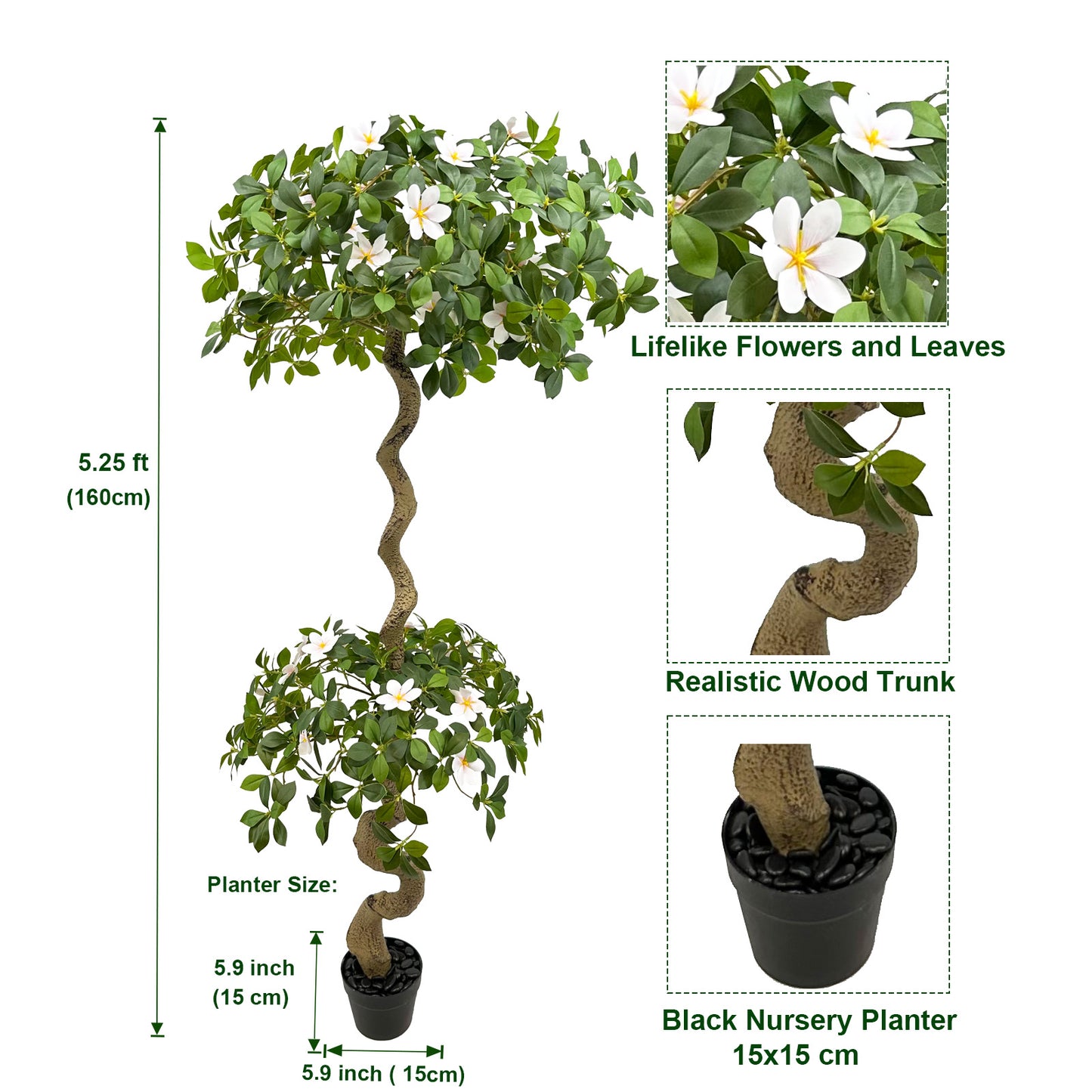 160cm Artificial Gardenia Tree with White Planter, Artificial Tree Heavy-Duty Plastic & Metal Wire Frame Suitable for Outdoor Indoor Decor, Low-Maintenance Housewarming Wedding Gift, Islamic New Year