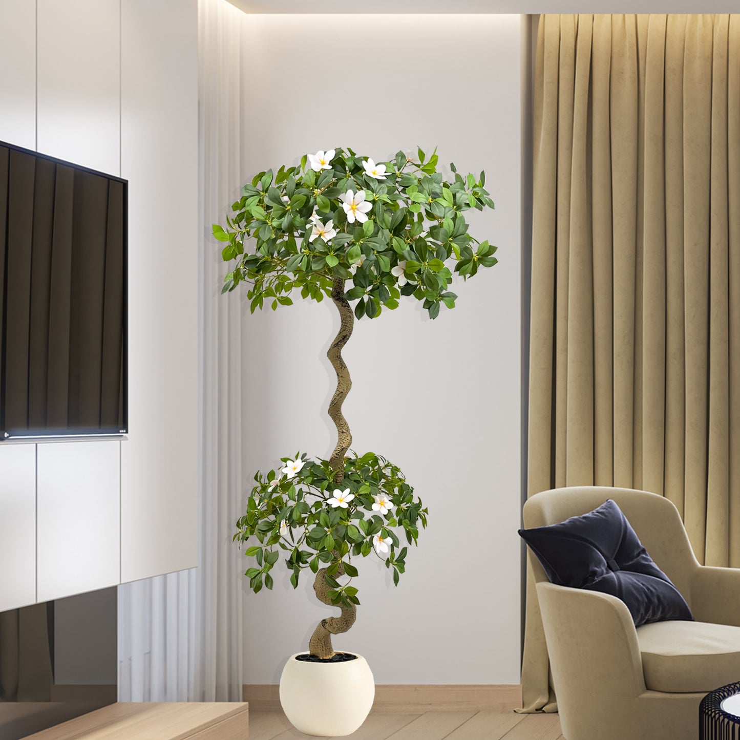 160cm Artificial Gardenia Tree with White Planter, Artificial Tree Heavy-Duty Plastic & Metal Wire Frame Suitable for Outdoor Indoor Decor, Low-Maintenance Housewarming Wedding Gift, Islamic New Year
