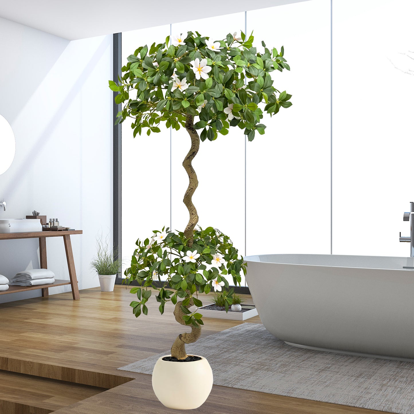 160cm Artificial Gardenia Tree with White Planter, Artificial Tree Heavy-Duty Plastic & Metal Wire Frame Suitable for Outdoor Indoor Decor, Low-Maintenance Housewarming Wedding Gift, Islamic New Year