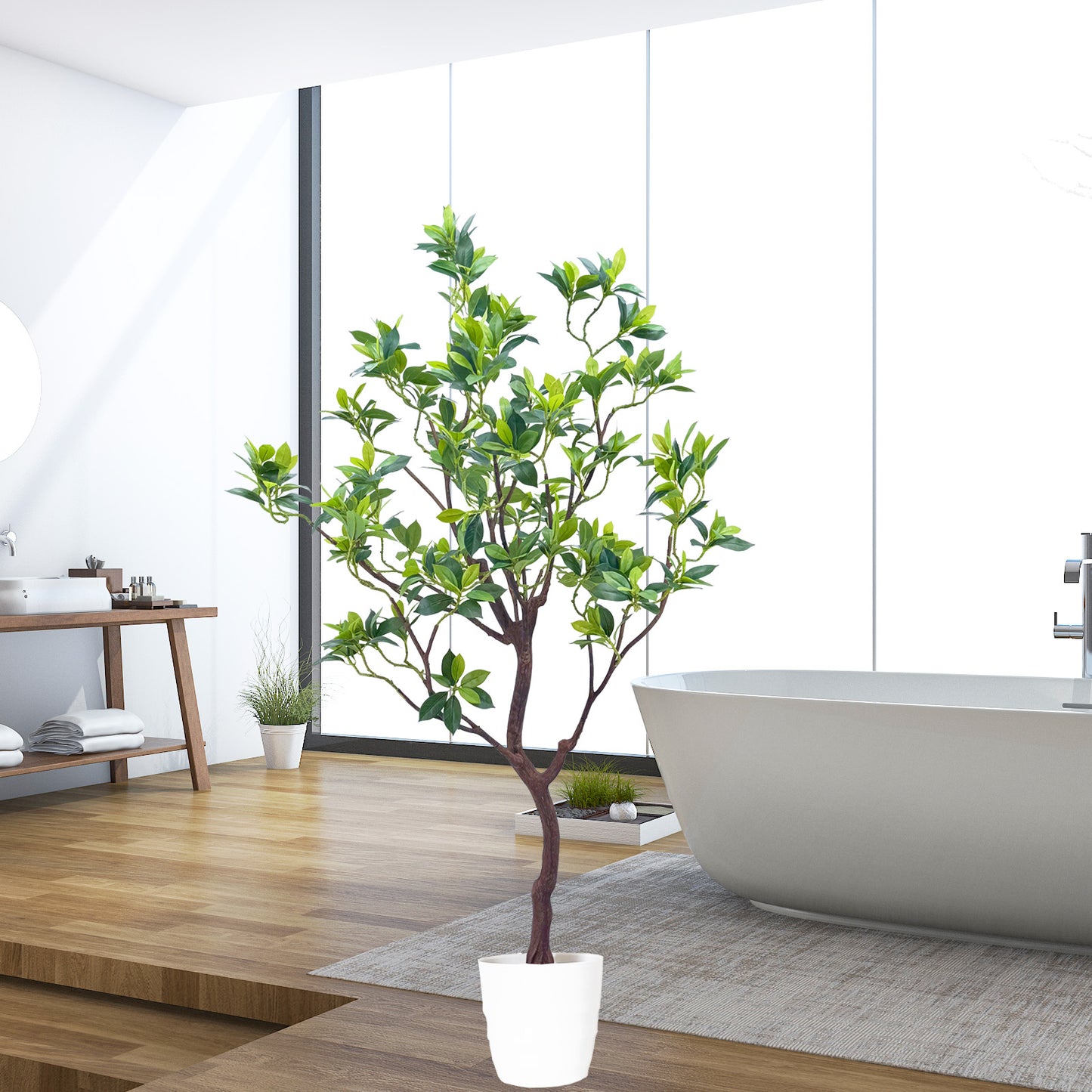 170cm Artificial Perfume Flower Trees, 5.6ft Tall Fake Tree with Natural Curved Trunk, Lush Faux Tree for Indoor Outdoor Home Decor, Living Room, Office & Patio Decor