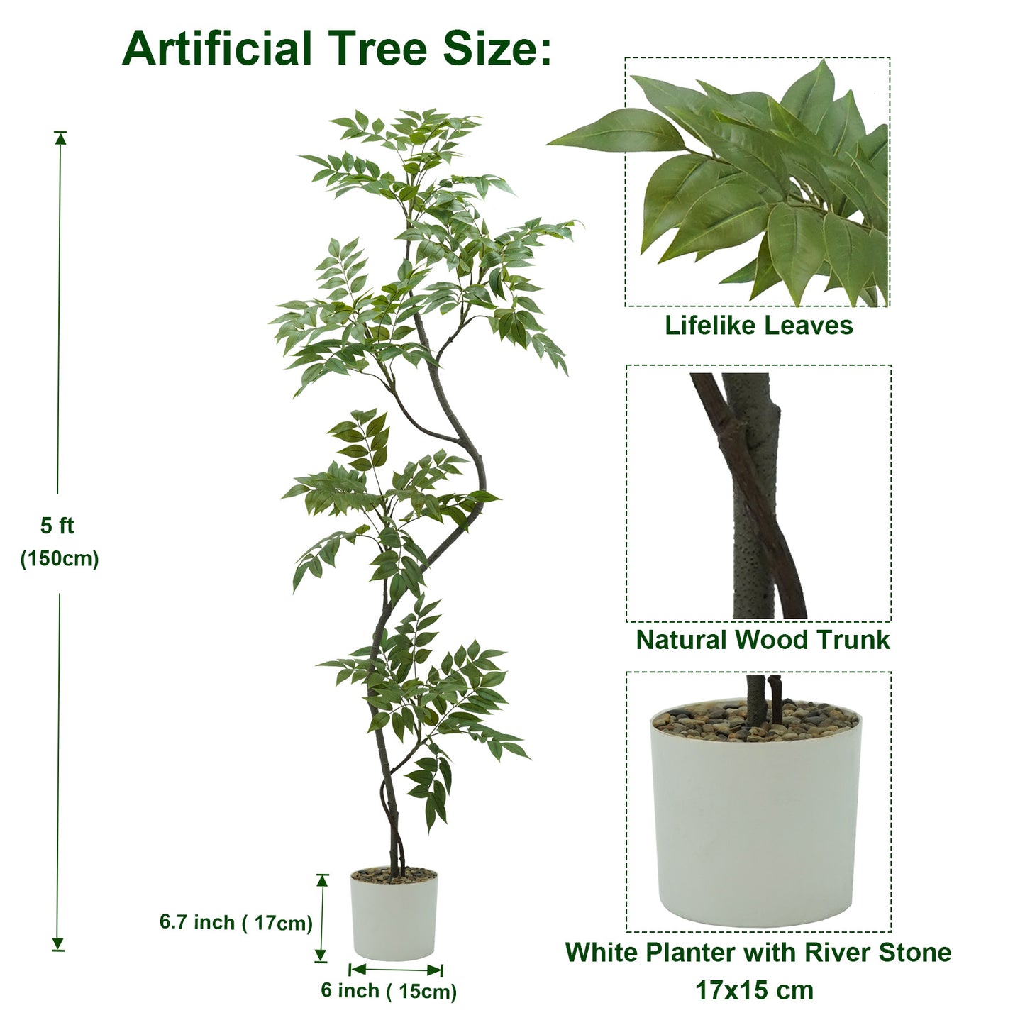 150cm Artificial Sumac Tree with White Pot, Tall Faux Plants Indoor, Large Fake Tree with Nearly Natural Silk Plant (Real Touch), for Indoor, Outdoor, Office, Living Room, Patio, Home Decor