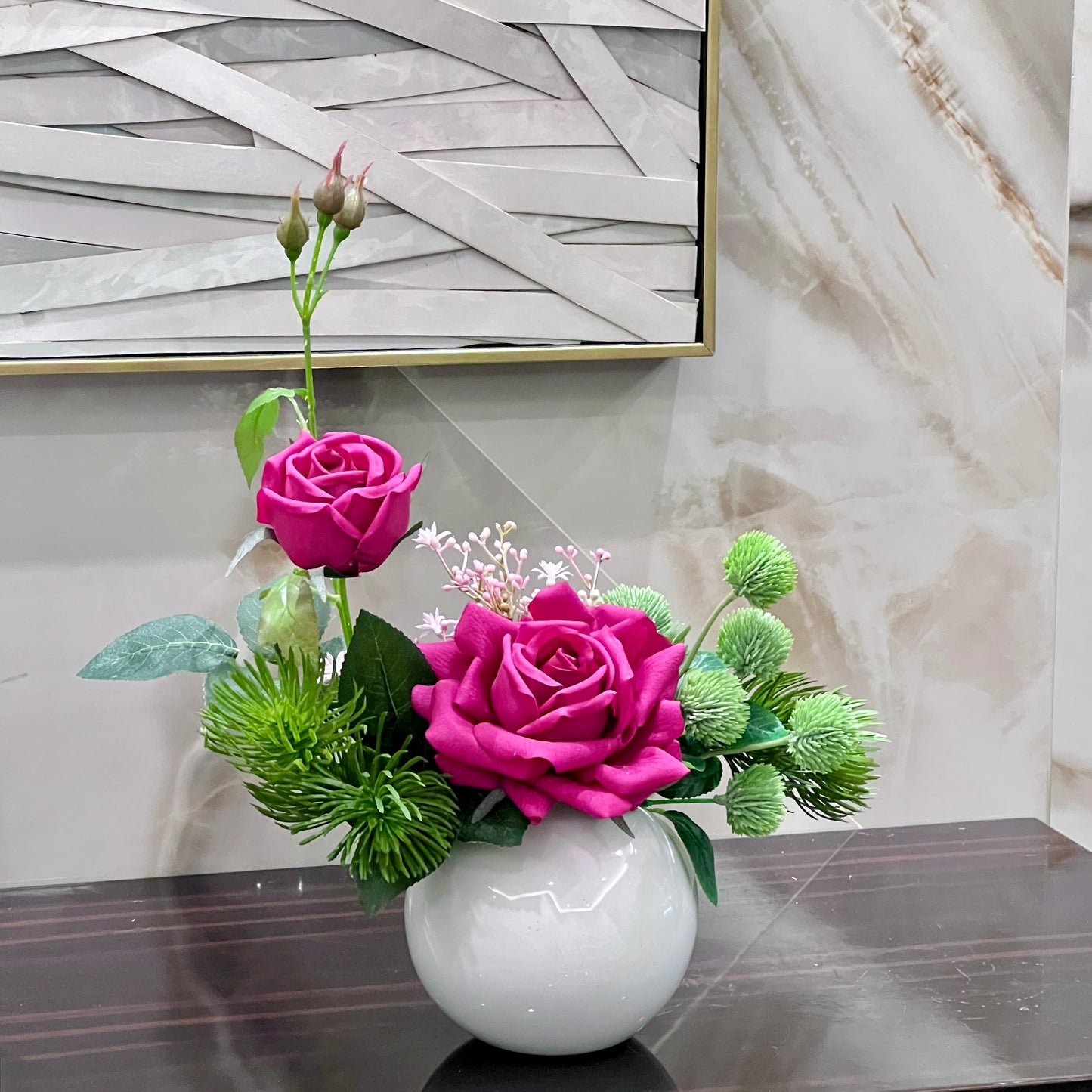 Artificial Rose Art Design Floral Simulation Flower Desktop Ornament With White Vase