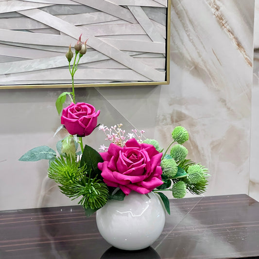 Artificial Rose Art Design Floral Simulation Flower Desktop Ornament With White Vase