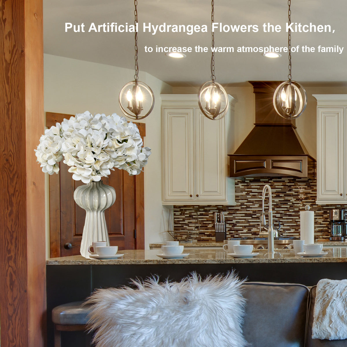Artificial Hydrangea Flowers with Vase,5Pcs Silk Fake Flowers Arrangements in Vase for Home Office Table Centerpiece Shelf Decorations