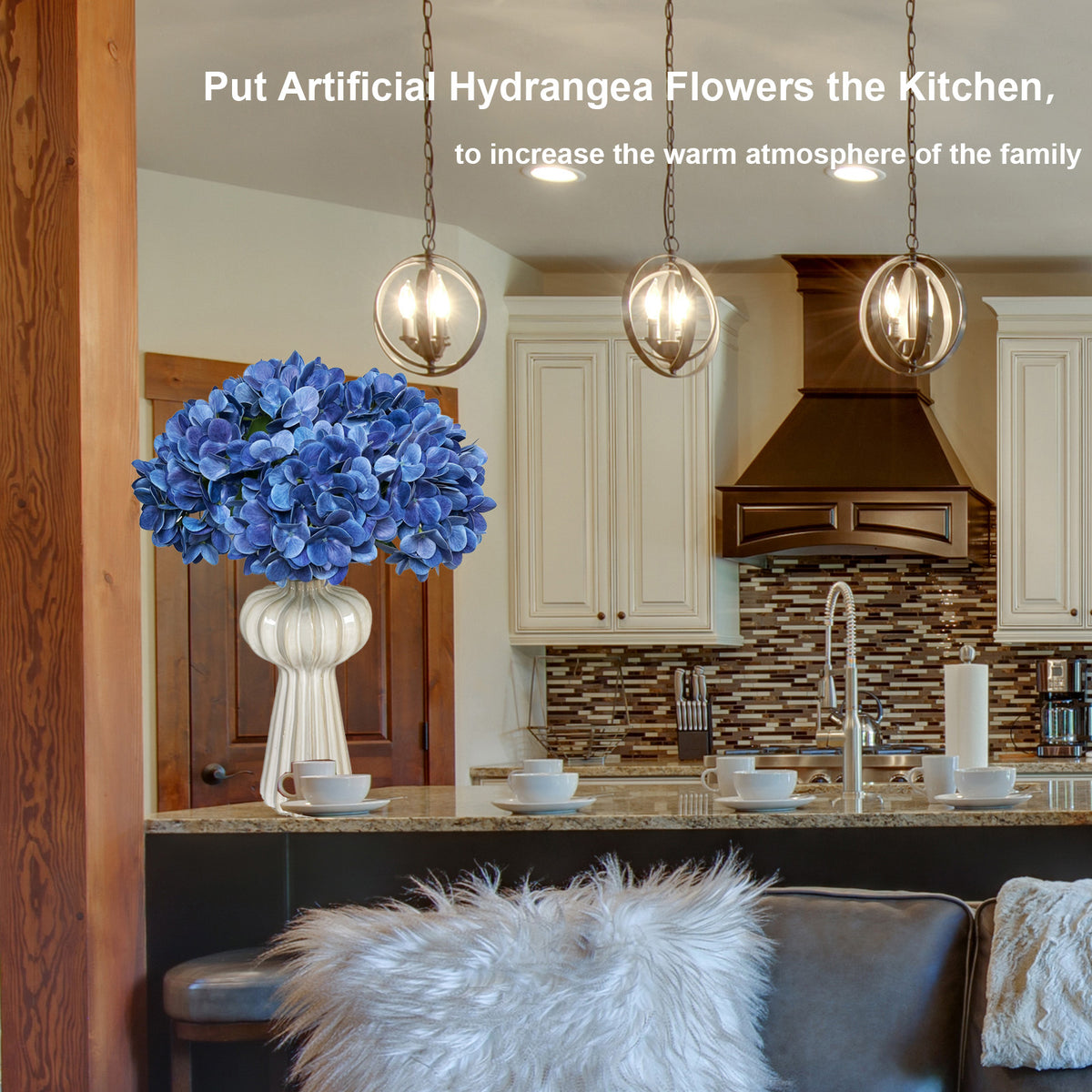 Artificial Hydrangea Flowers Bouquets, 6Pcs Silk Fake Flowers for Home Office Table Centerpiece Shelf Decorations