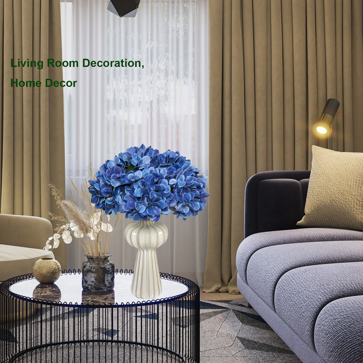 Artificial Hydrangea Flowers Bouquets, 6Pcs Silk Fake Flowers for Home Office Table Centerpiece Shelf Decorations
